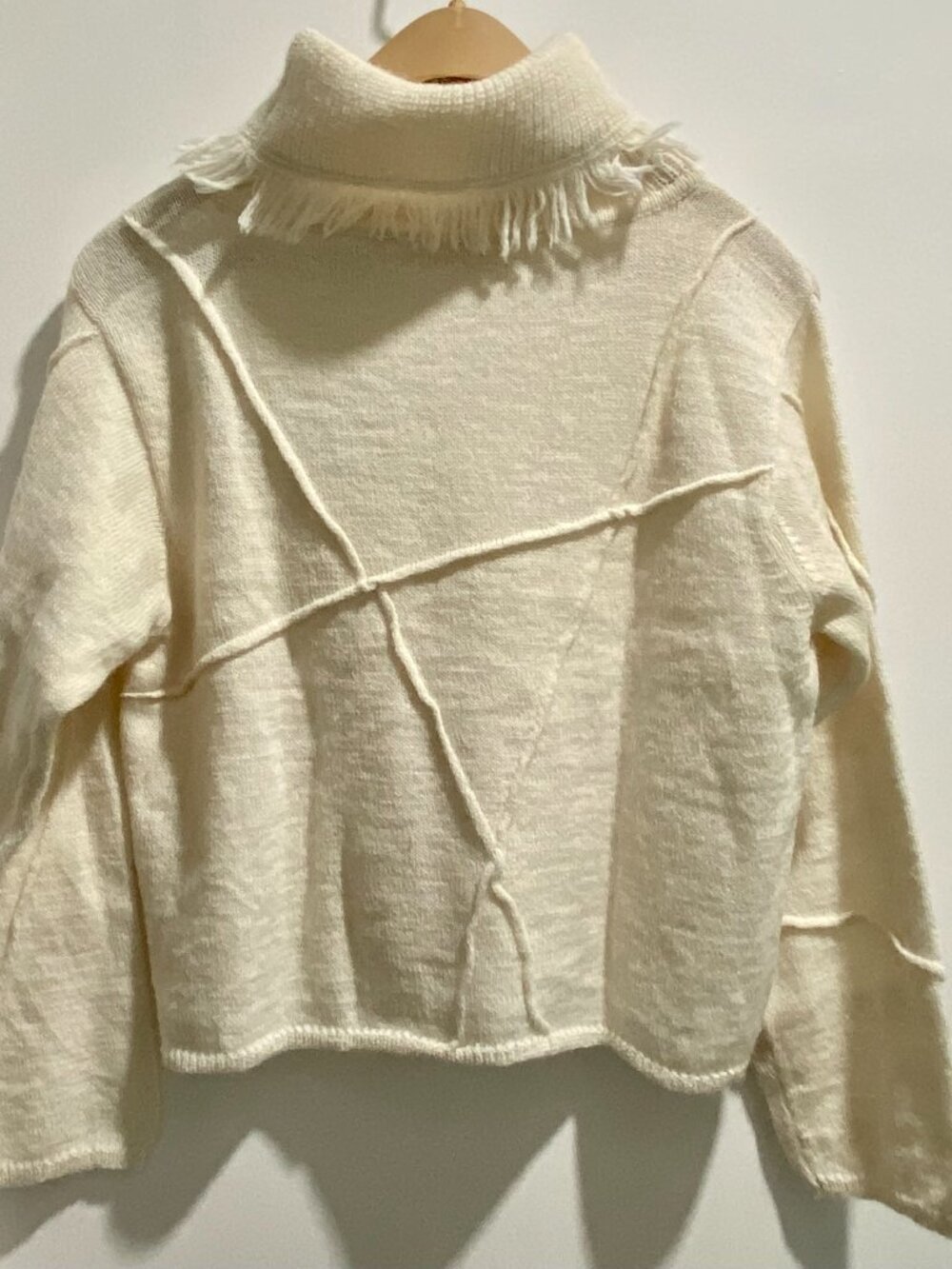 Vintage Bell Tricot Alpaca Wool Crop Fringes Minimalist Turtleneck Sweater S/M